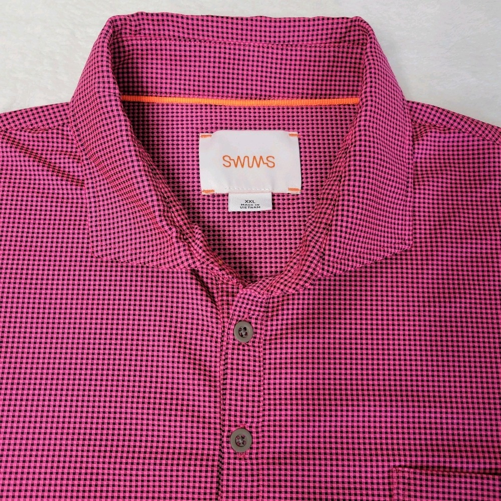 SWIMS 2X Bright‎ Pink Gingham Check Performance Polo Golf Shirt Easter Casual